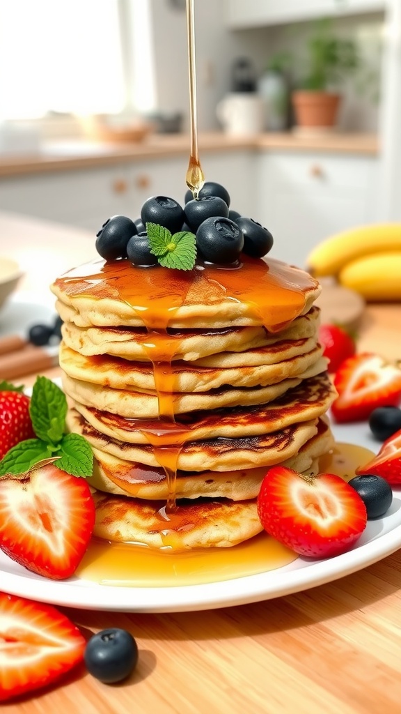 Quick and Easy 2-Ingredient Vegan Pancakes Fluffy vegan pancakes made from bananas and oats, topped with syrup, fresh berries, and mint.